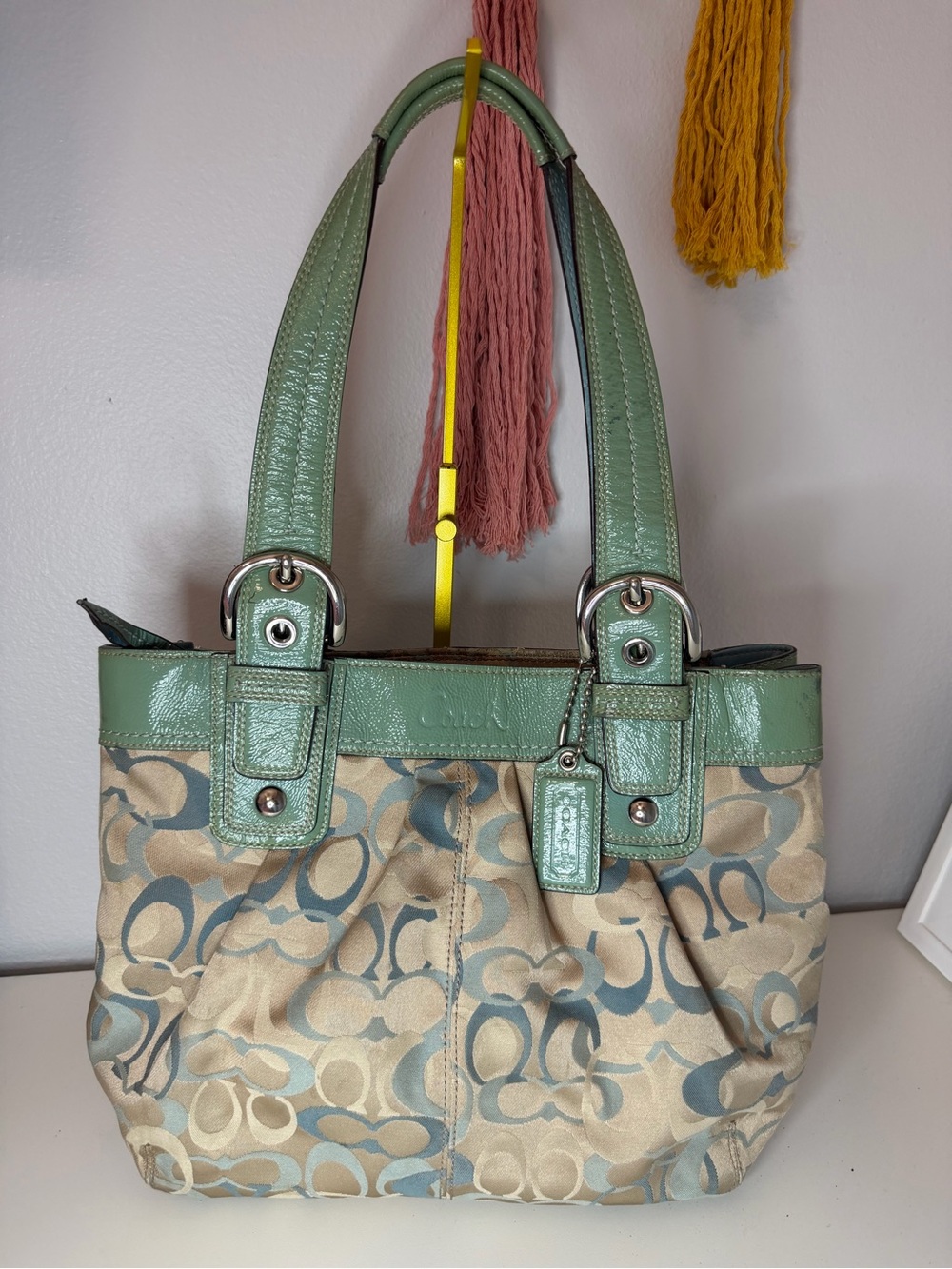Coach Beige Signature Canvas Tote with Seafoam Green Trim